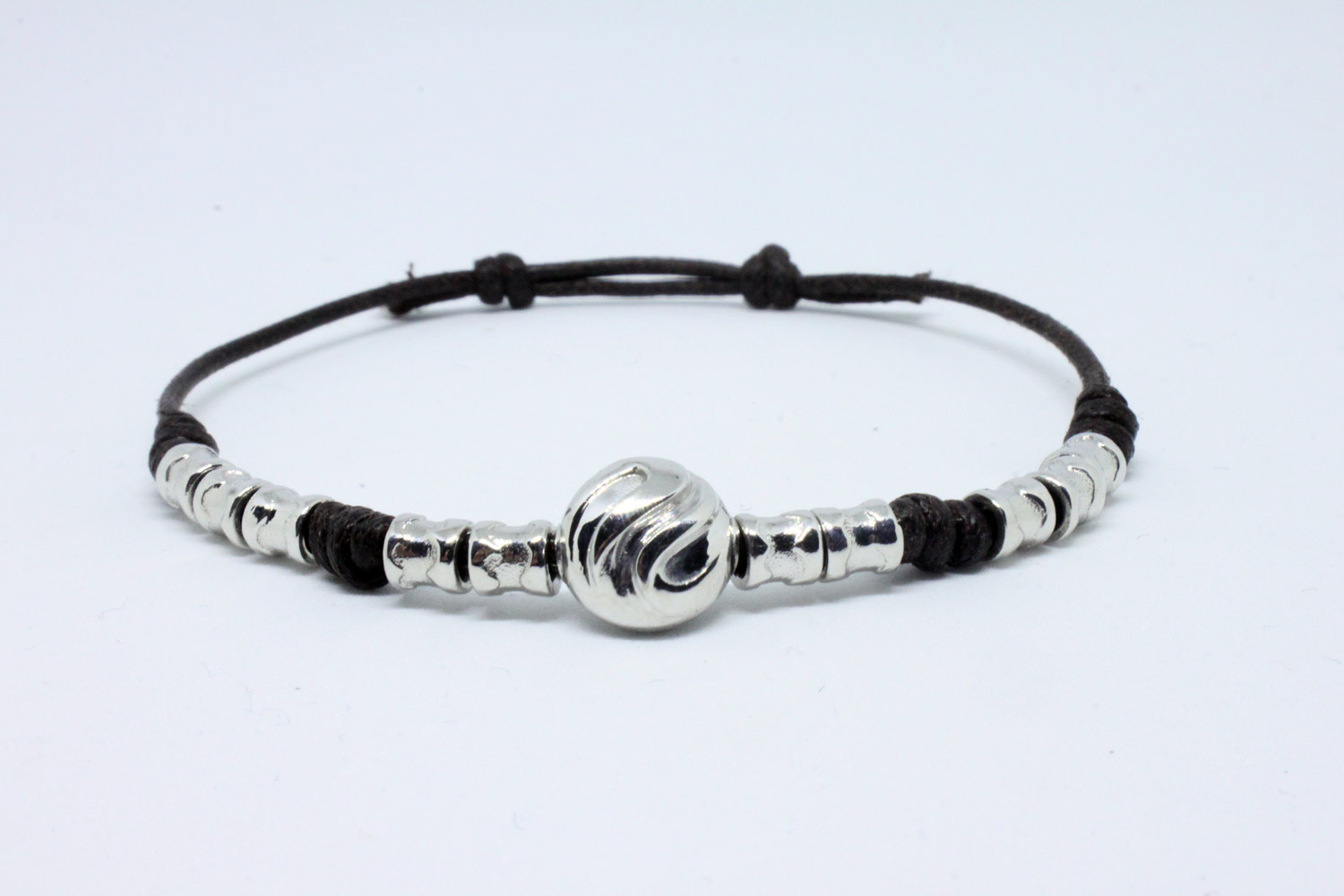 Silver bracelet  logo collection with central charm and barilotti with  black cotton waxed