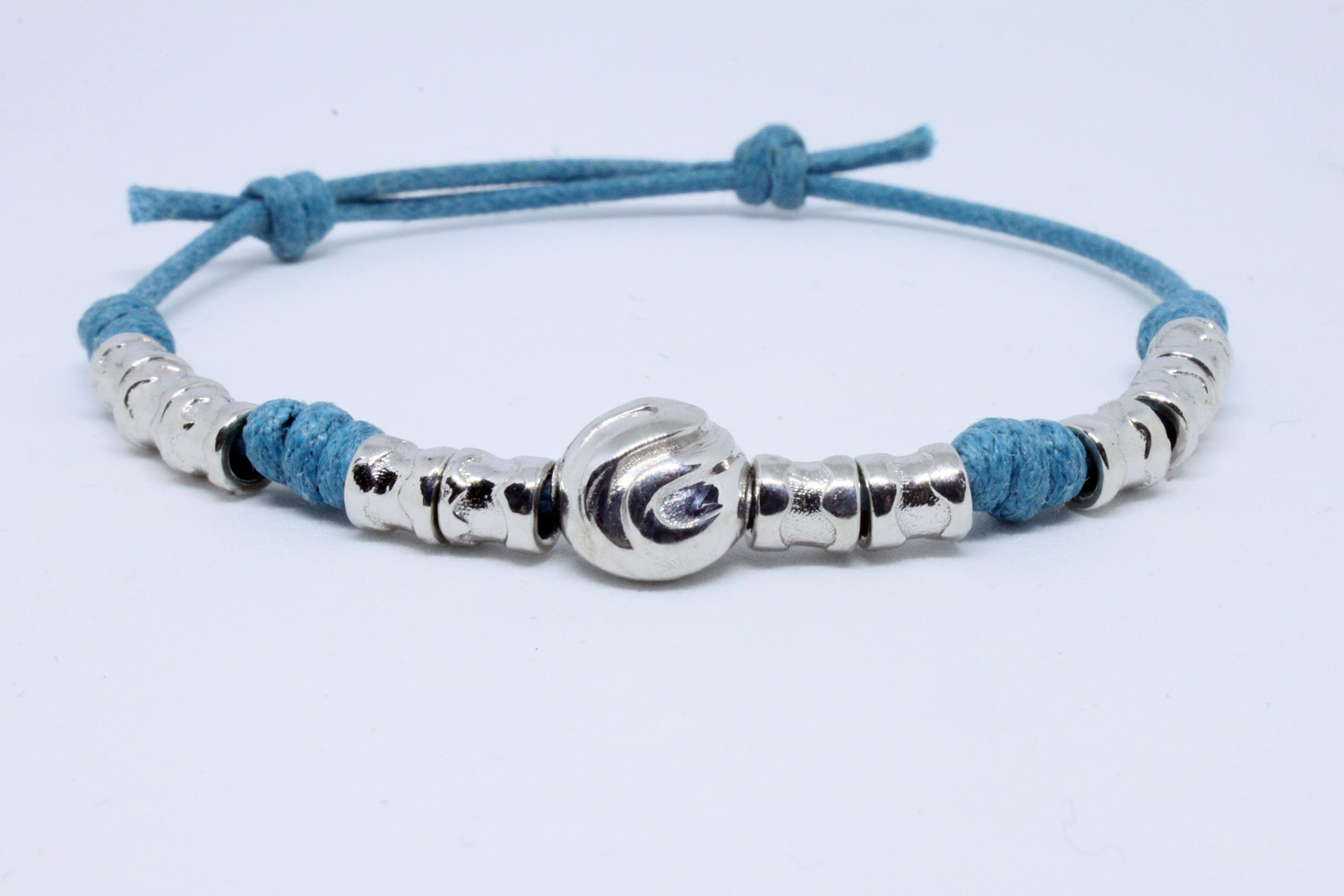 Silver bracelet  logo collection with central charm and barilotti with  blue cotton waxed