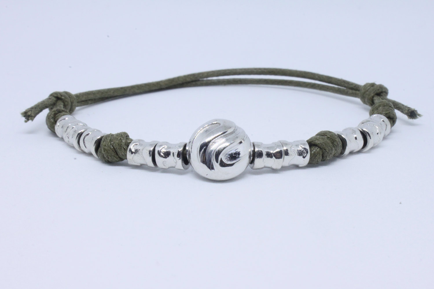Silver bracelet  logo collection with central charm and barilotti with  olive green cotton waxed