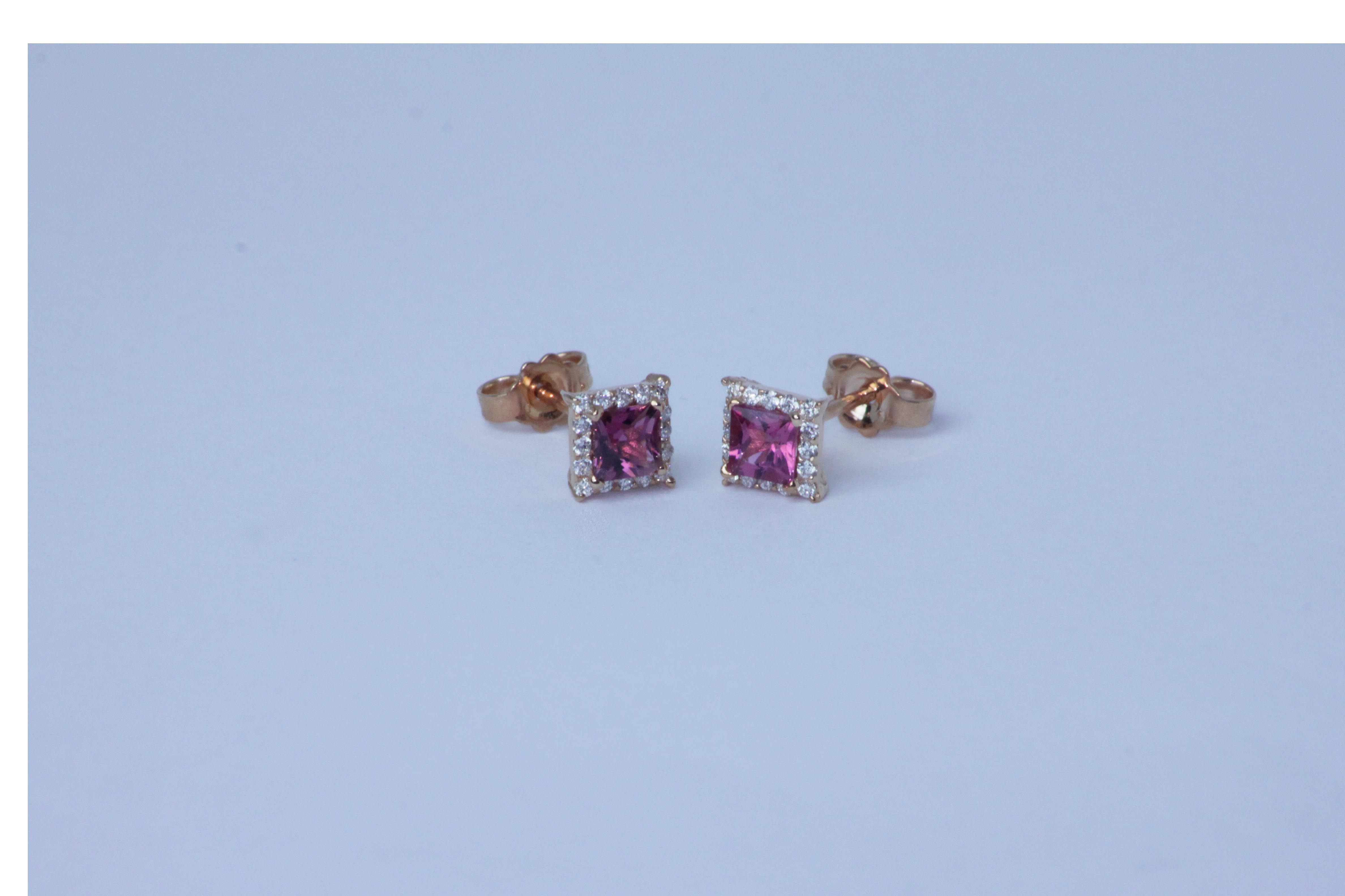 Rose gold earring Square collection with diamonds and rubellite