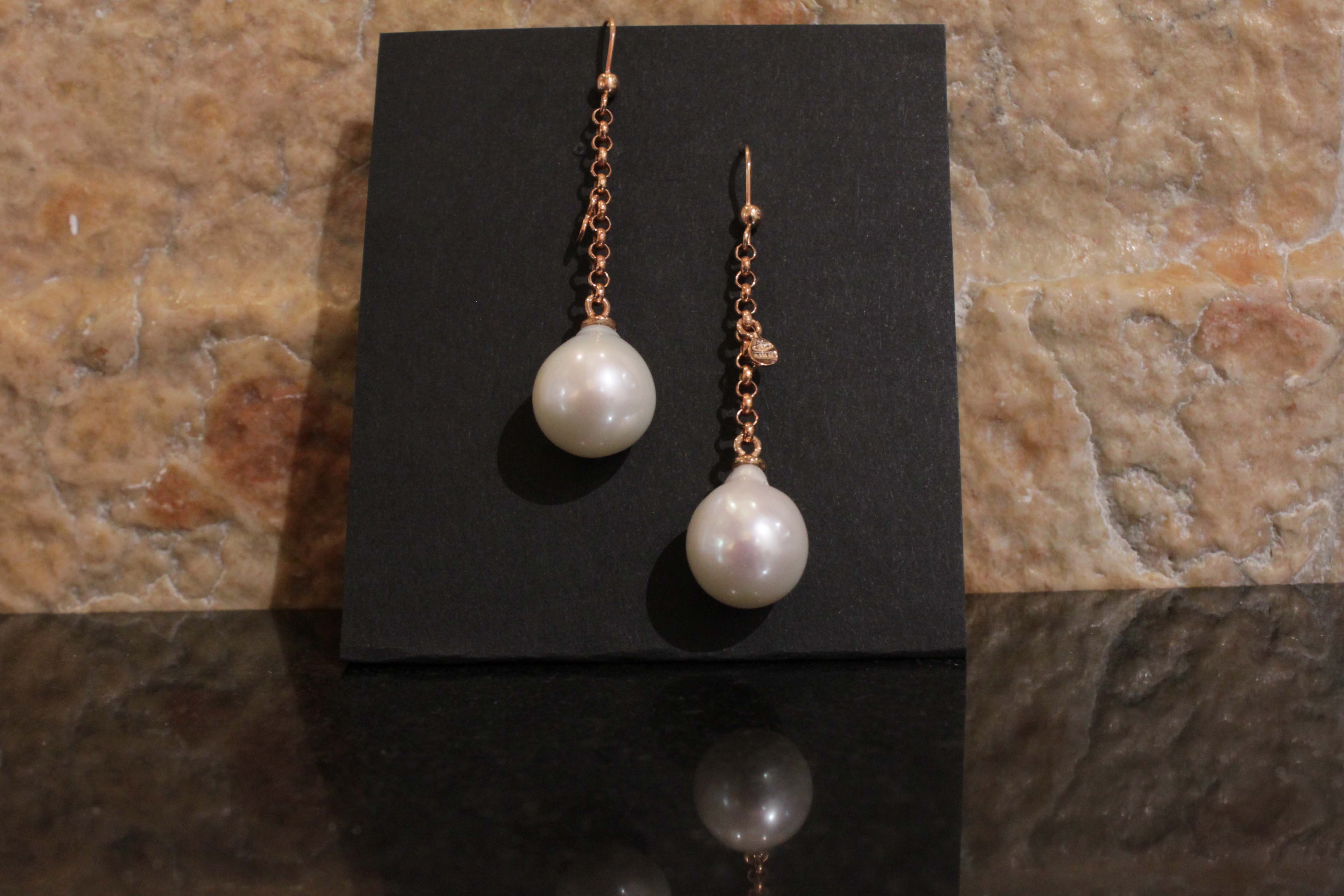 Rose gold pendant earrings with fresh water pearls